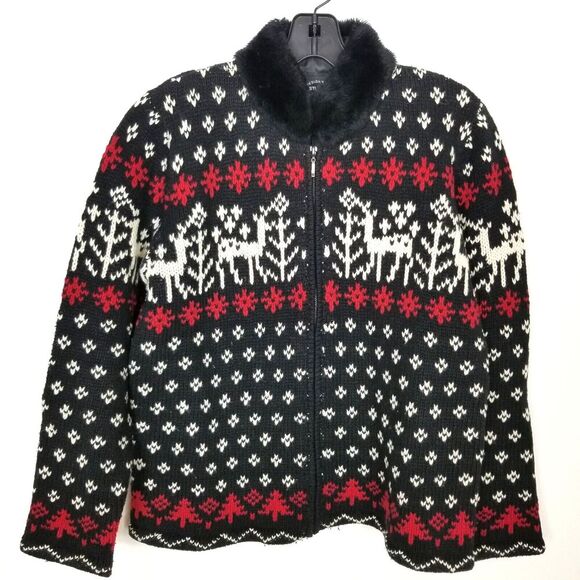 VTG Designer Studio Cardigan Sz S Fair Isle Reindeer Faux Fur Zip Black Wool - Picture 1 of 4